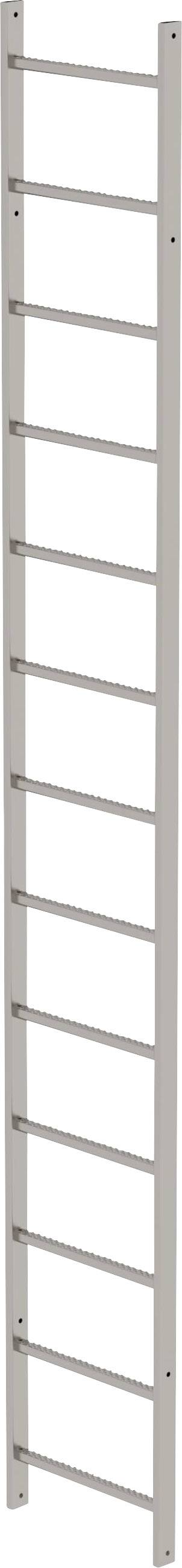 Eine einfache Metallleiter mit zehn Sprossen, vertikal ausgerichtet.