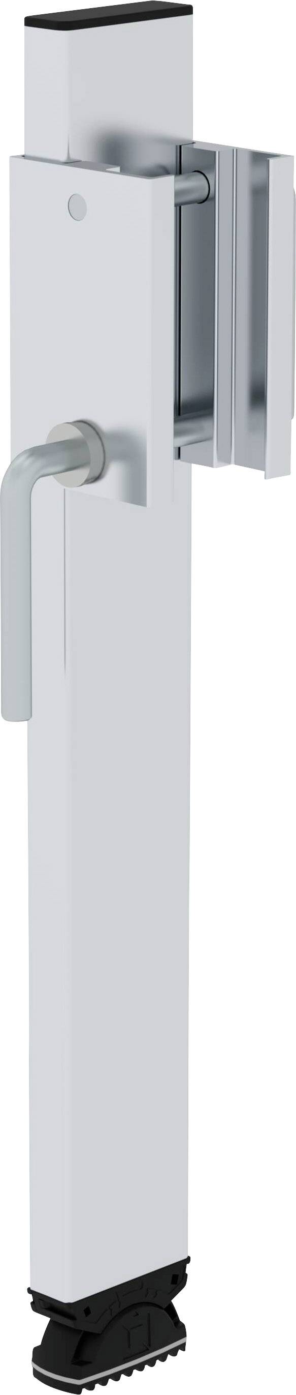 Ein verstellbarer Möbelstützfuß aus Metall mit einer Handkurbel, um die Höhe anzupassen. Geeignet für Tische oder Arbeitsflächen.