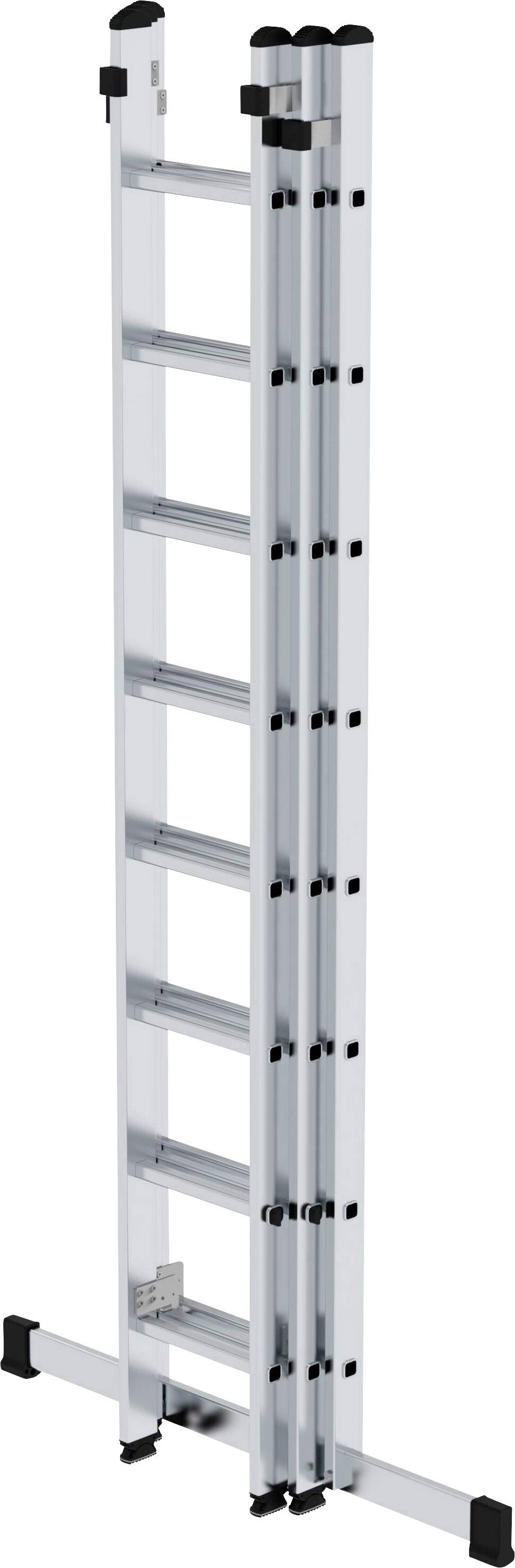 Aluminiumleiter mit drei Sektionen, zusammengeklappt. Geeignet für verschiedene Arbeiten, tragbar und platzsparend.