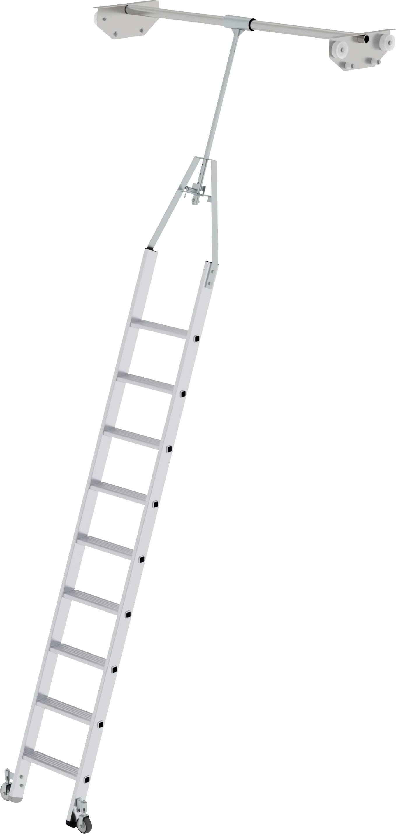 Weiße Dachbodentreppe ausziehbar, montiert an einem Metallrahmen. Mehrere Stufen sichtbar, geeignet für Zugang zu Dachbodenräumen.