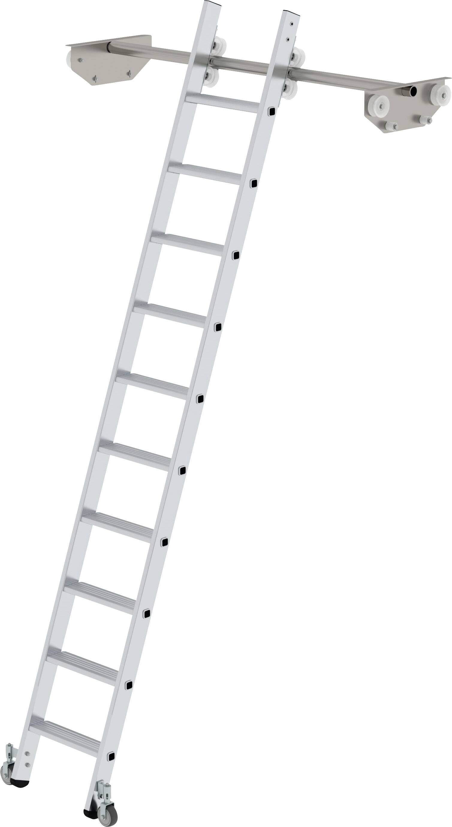 Leiter mit Rädern an der Basis, die an einer oberen Schiene befestigt ist, ermöglicht Bewegung entlang der Schiene für Zugang zu höherem Bereich.