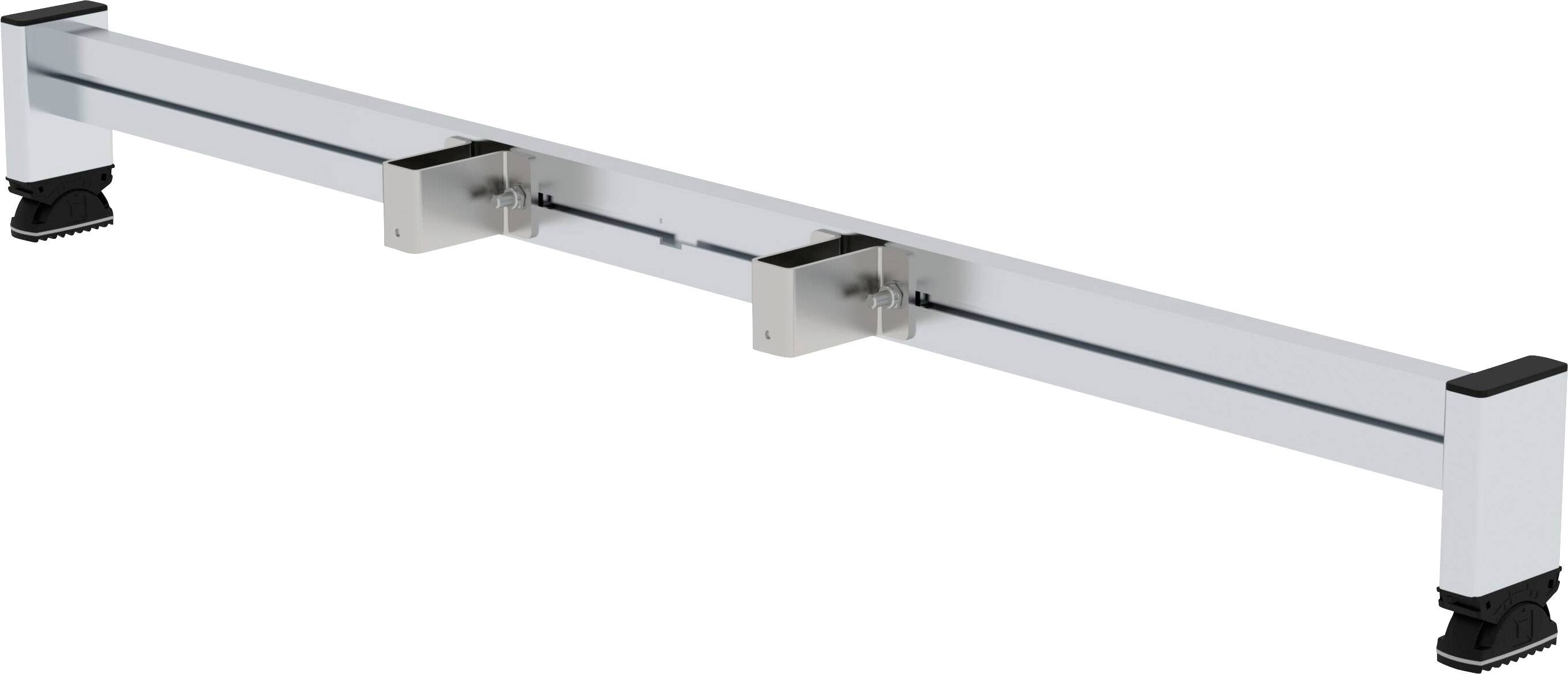 Ein langer, rechteckiger Metallträger mit drei Befestigungspunkten und Füßen an den Enden, vermutlich Teil eines Stützsystems.