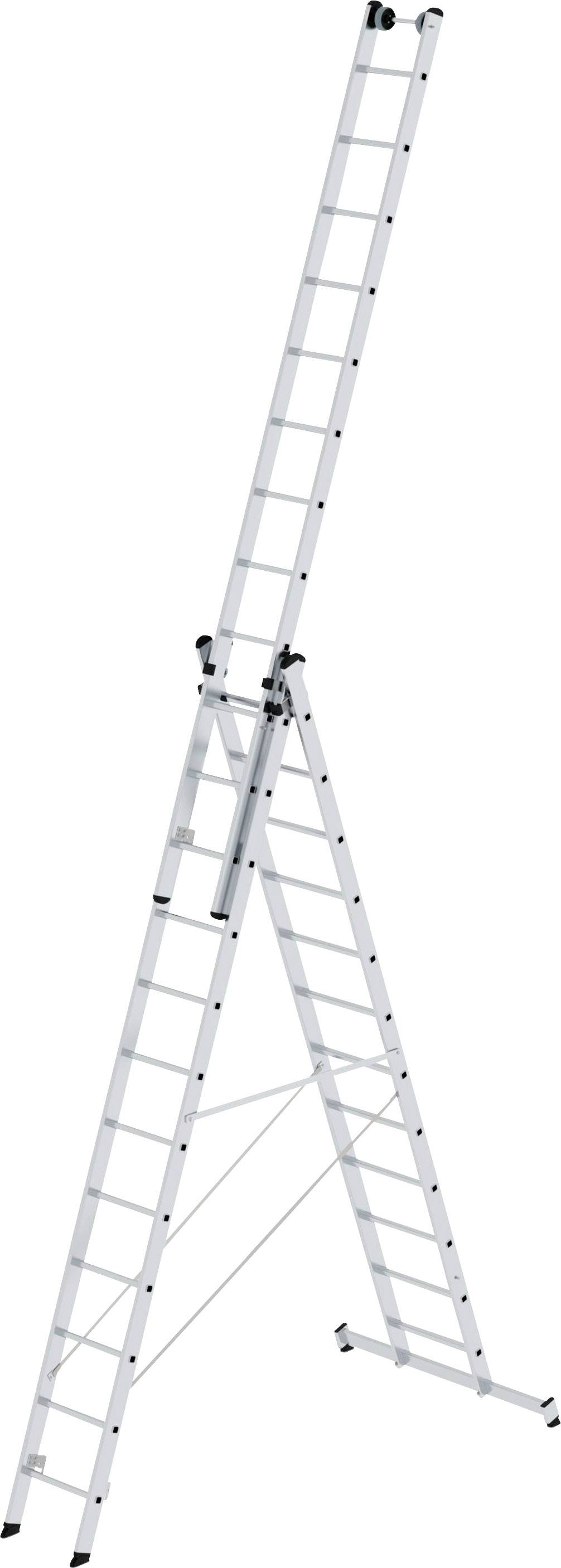 Eine lange, ausziehbare Aluminiumleiter steht in A-Form. Ideal für hohe Arbeiten, bietet sie Stabilität mit verstärkten Sprossen und Sicherheitsbügeln.