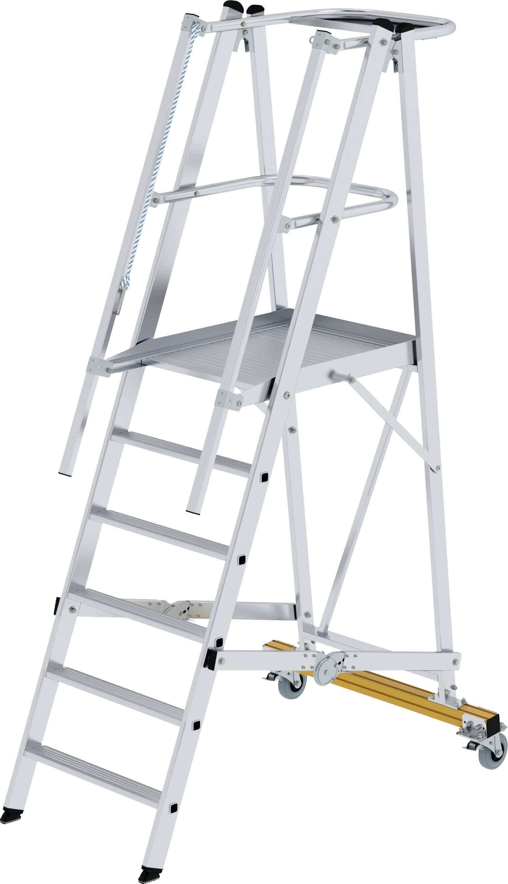 Eine silberne Stufenleiter mit fünf Sprossen und einer Plattform zum Stehen. Die Leiter hat seitliche Griffe und rollbare Räder.