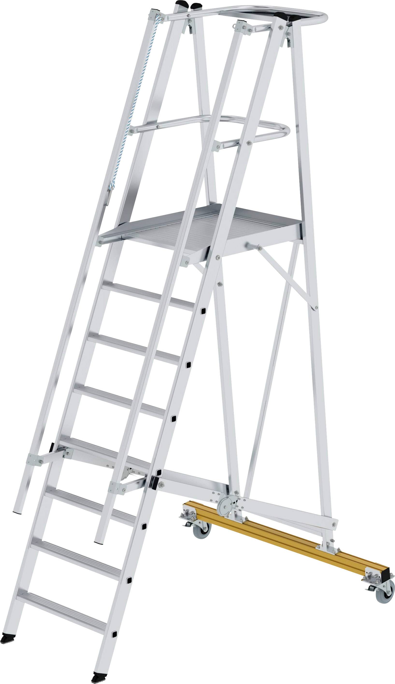 Aluminium-Trittleiter mit Plattform, acht Stufen, und Rollen für einfache Mobilität, geeignet für den Einsatz in Lager oder Werkstatt.