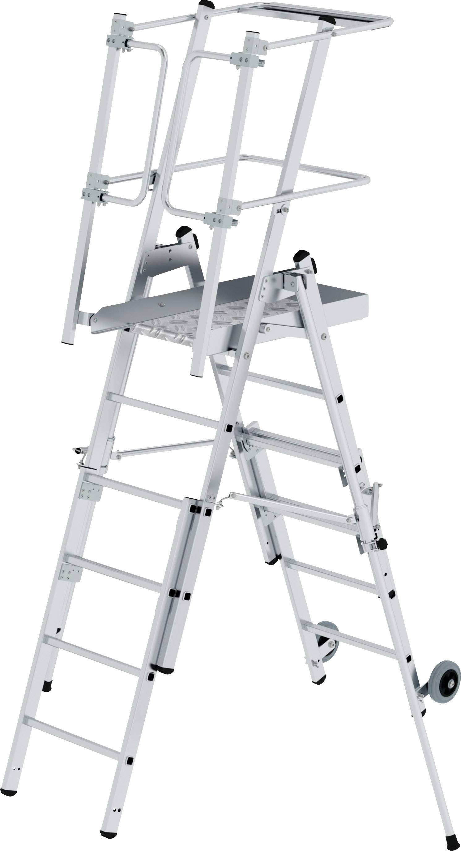 Aluminiumleiter mit Sicherheitsgeländer und Plattform. Doppelseitig, höhenverstellbar, mit Rollen für einfache Mobilität.