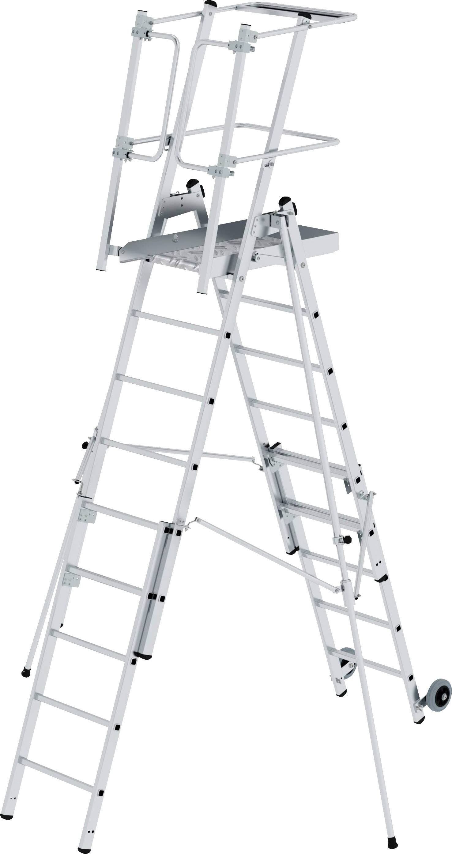 Eine Aluleiter, teilweise ausgeklappt, mit mehreren Sprossen und einer Plattform oben zum sicheren Arbeiten in der Höhe.