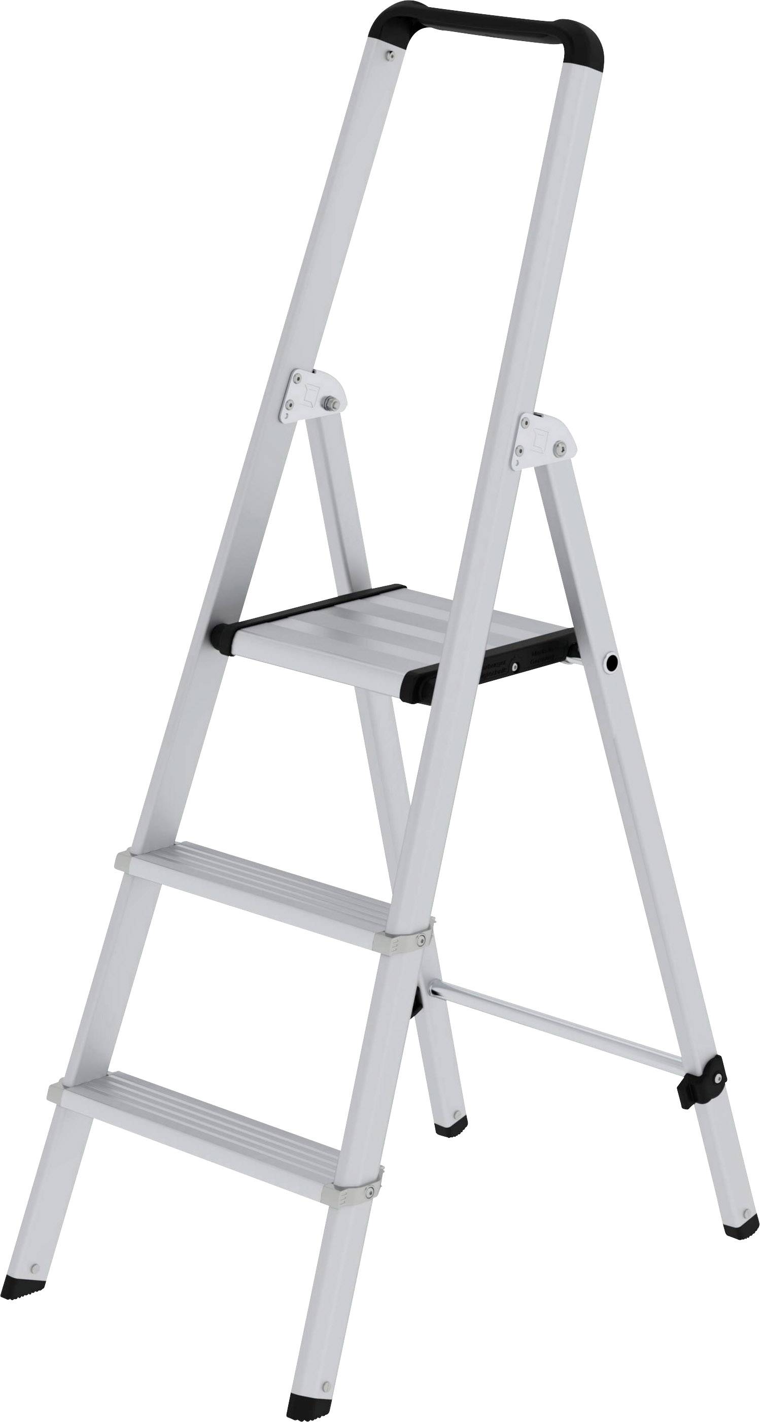Weiße dreistufige Klappleiter aus Metall, stehend aufrecht.