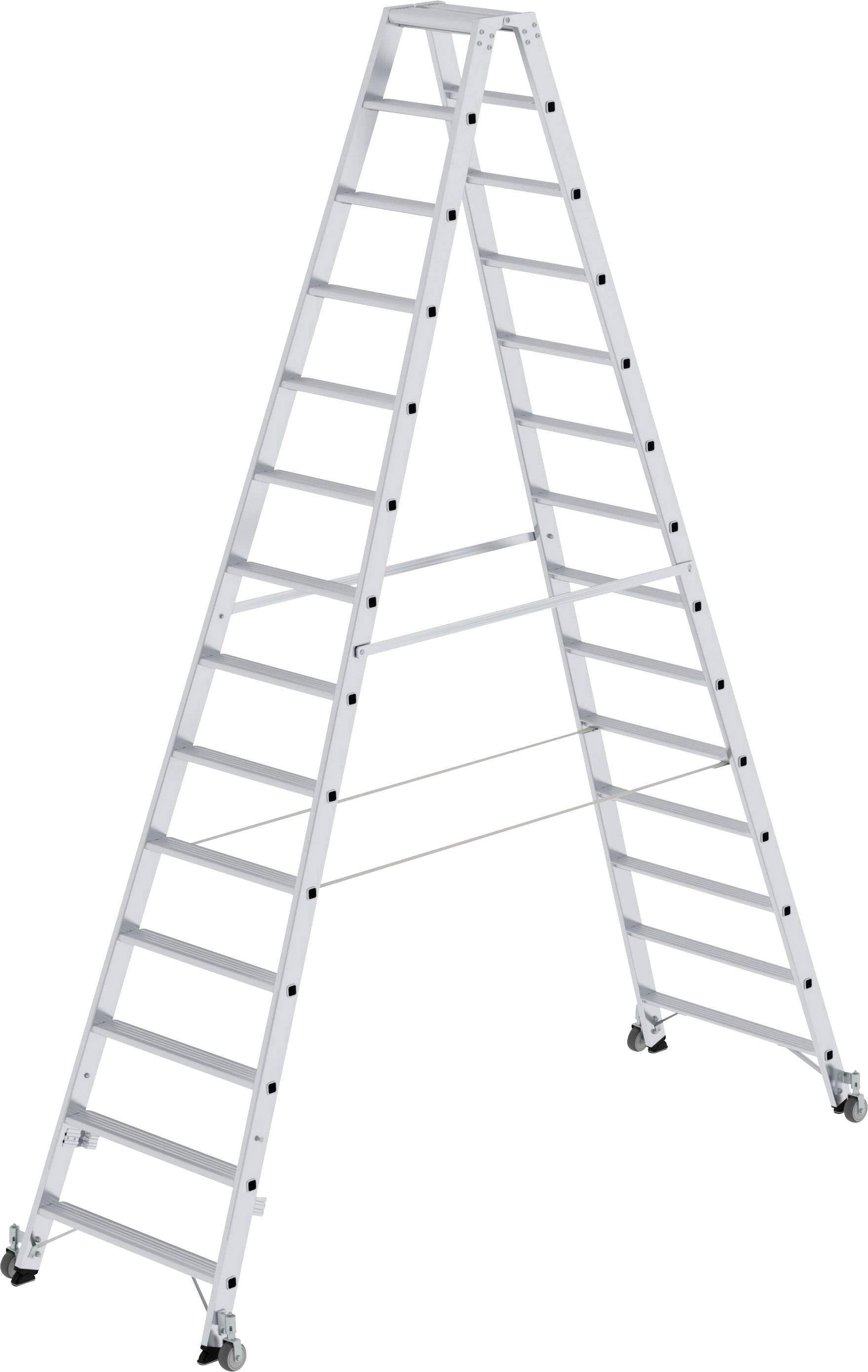 Eine weiße, zusammenklappbare Aluminiumleiter steht geöffnet auf vier Rollen.