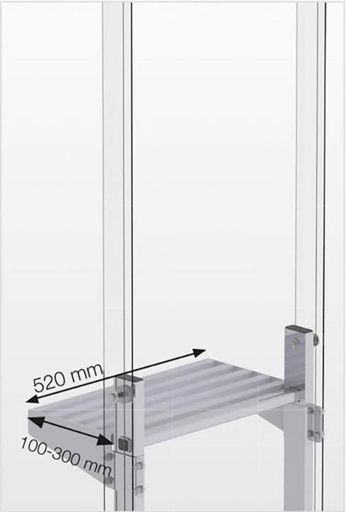 Abbildung eines Regals mit Maßen 520 mm Breite und verstellbarer Tiefe von 100-300 mm. Gezeigt ist der Rahmen des Regals.