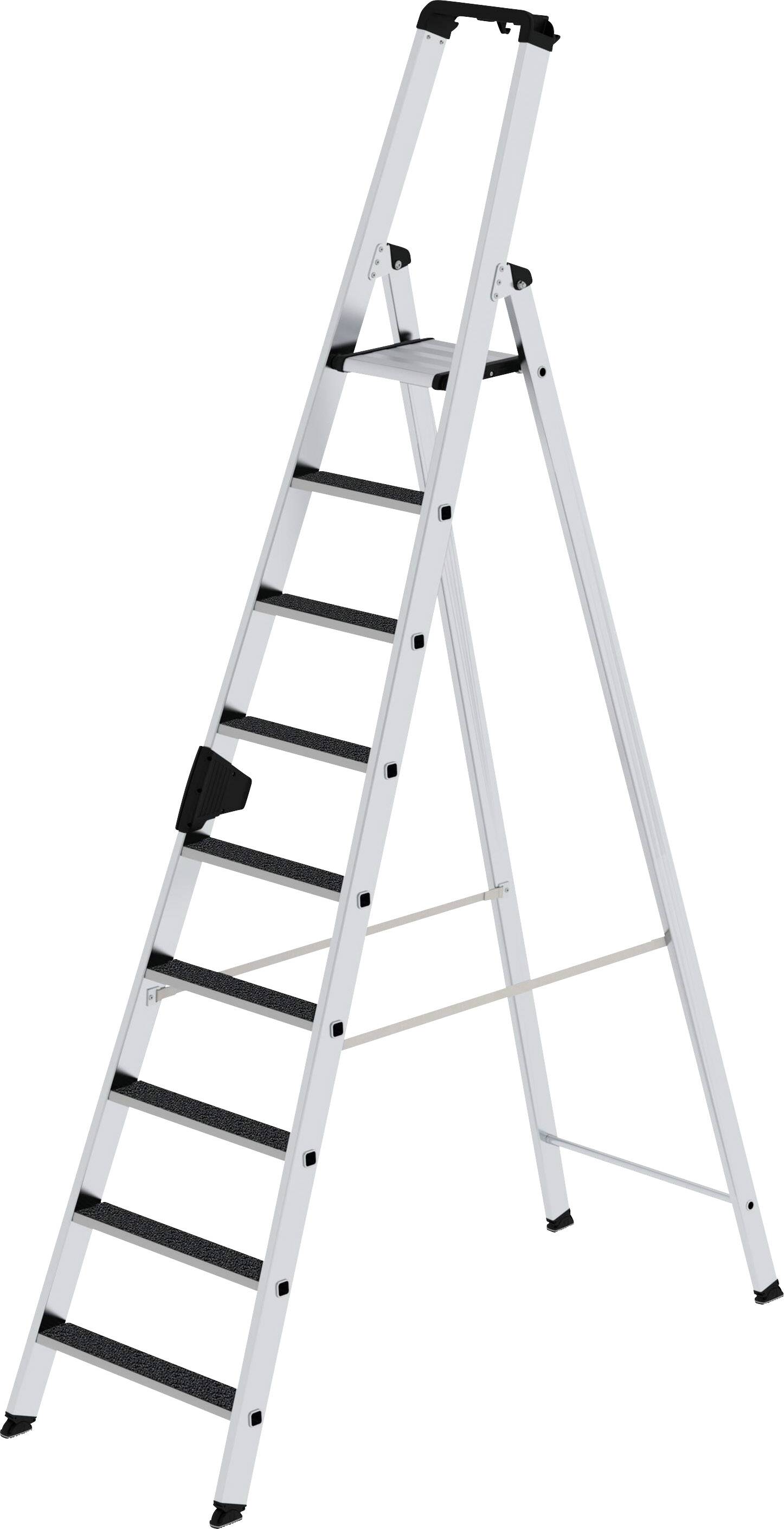 Eine weiße Stehleiter mit neun schwarzen Stufen und einem stabilen Rahmen für den Einsatz bei Hausarbeiten oder Renovierungen.