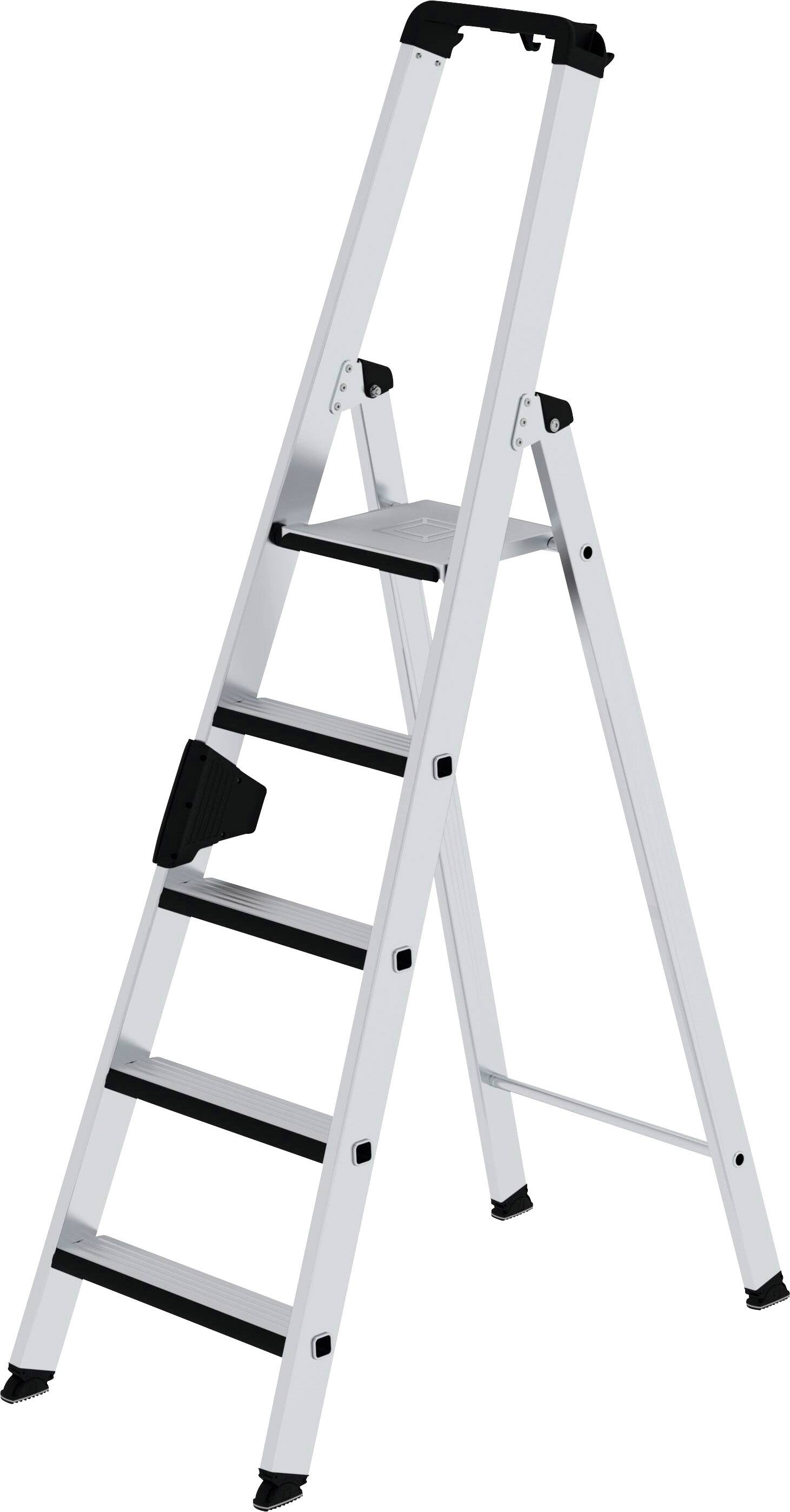 Weiße Klappleiter mit fünf Stufen, schwarze Gummifüße und Sicherheitsgriff oben.