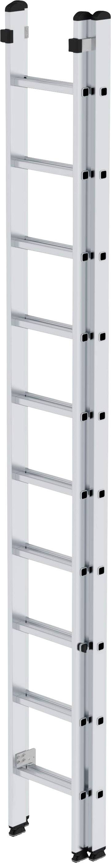 Eine silberne Teleskopleiter mit mehreren Stufen und schwarzen Endkappen, im zusammengeklappten Zustand.