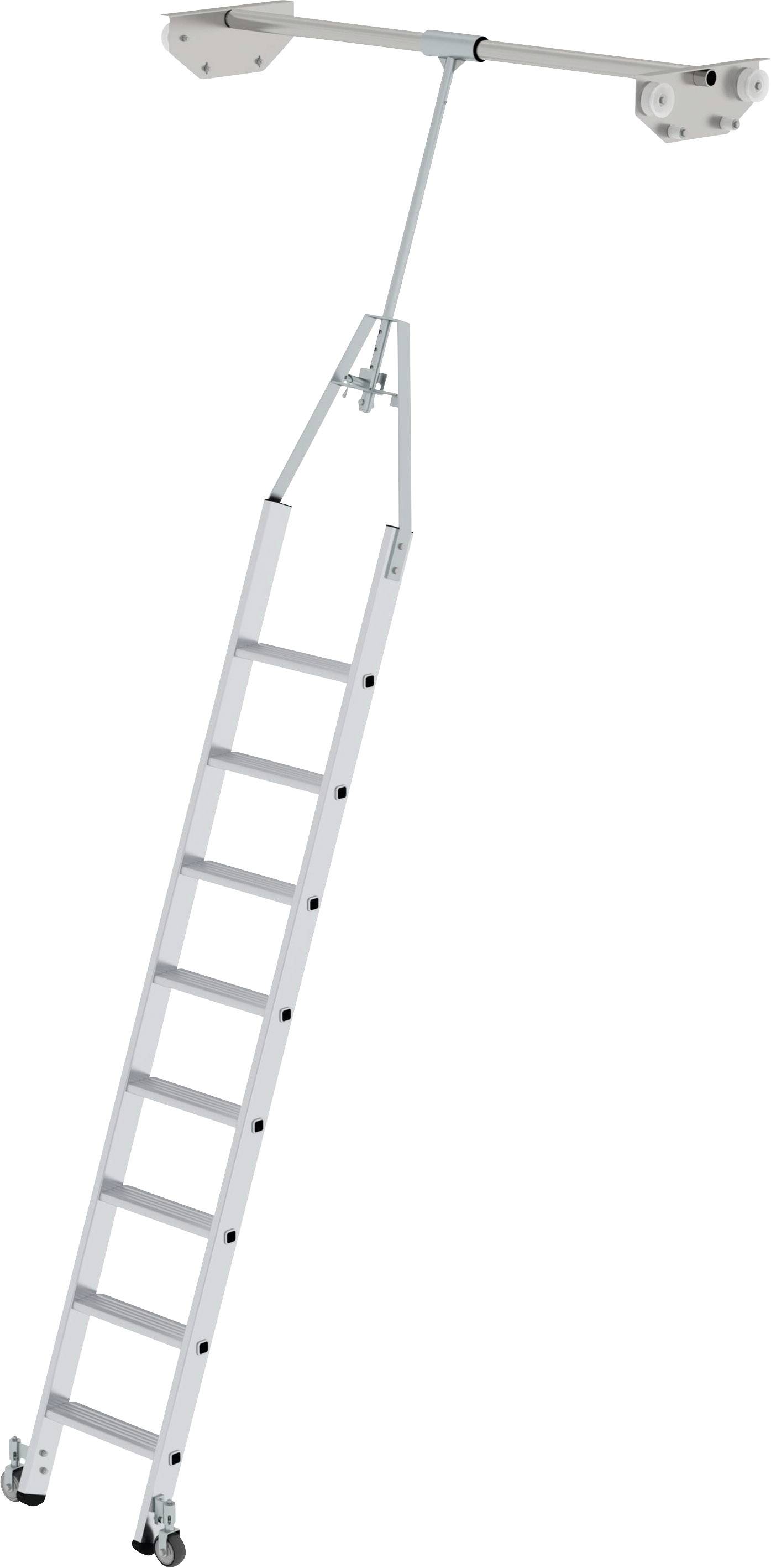 Weiße Ausziehleiter unter einer Decke montiert. Sie hat acht Stufen und ist mit einem Seilzugsystem befestigt.