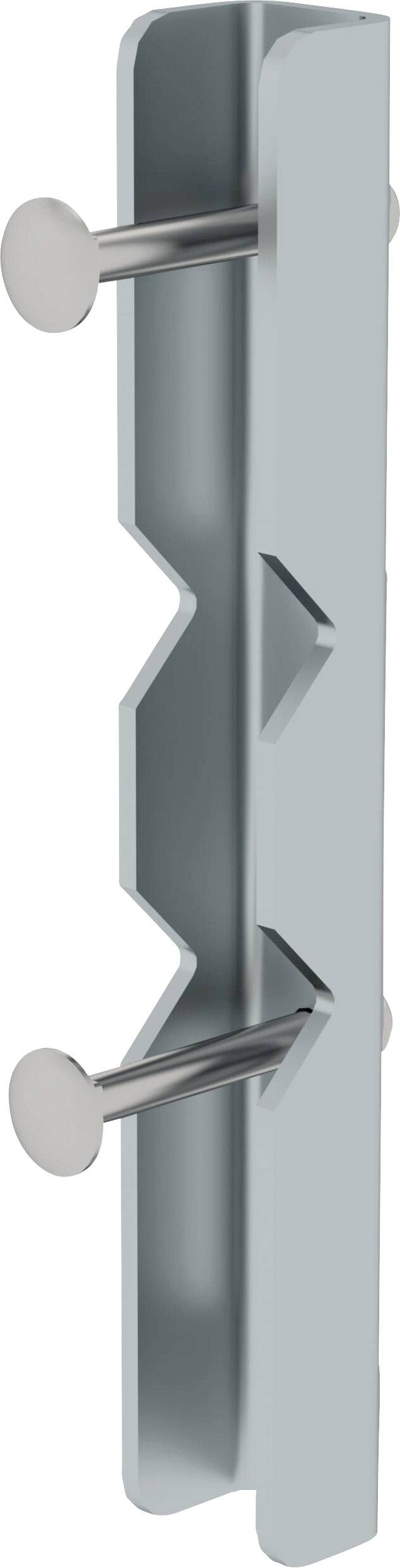 Metallischer Verbinder mit gezacktem Profil und vier hervorstehenden Bolzen. Verwendet zum Verbinden oder Befestigen von Bauteilen.