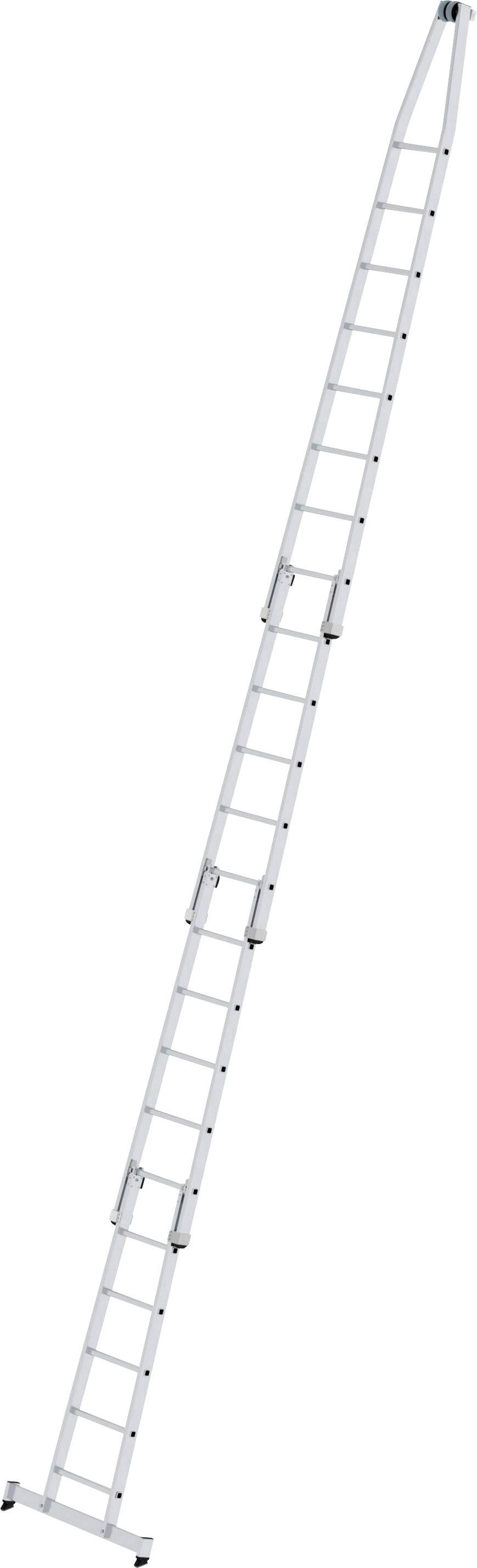 Leiter, vollständig ausgezogen, zeigt mehrere Sprossen. Geeignet für Arbeiten in großer Höhe, wie z.B. Dachreparaturen. Stabil und robust.