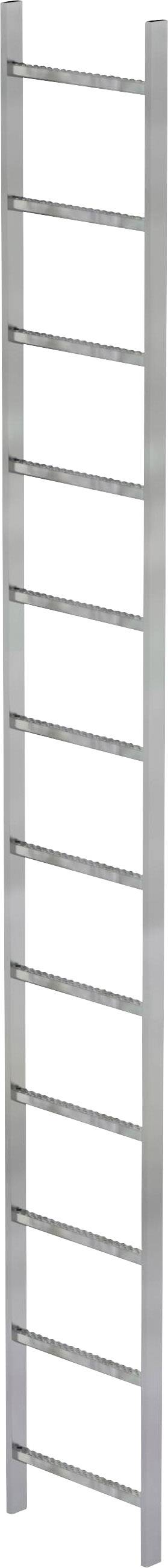 Eine silberne Leiter mit zehn Sprossen, vertikal aufgestellt.
