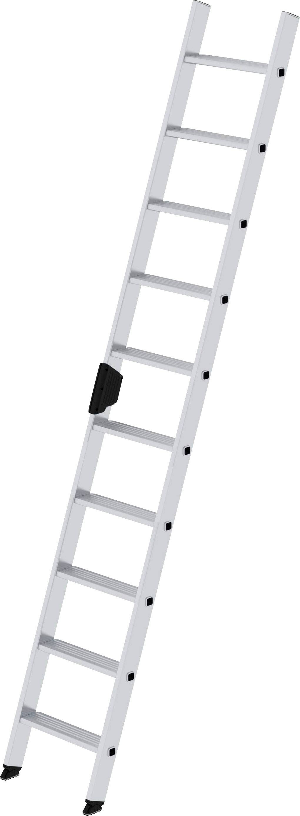Eine silberne Aluminiumleiter mit zehn Sprossen, leicht schräg aufgestellt. Sie eignet sich zum Erreichen höherer Stellen.