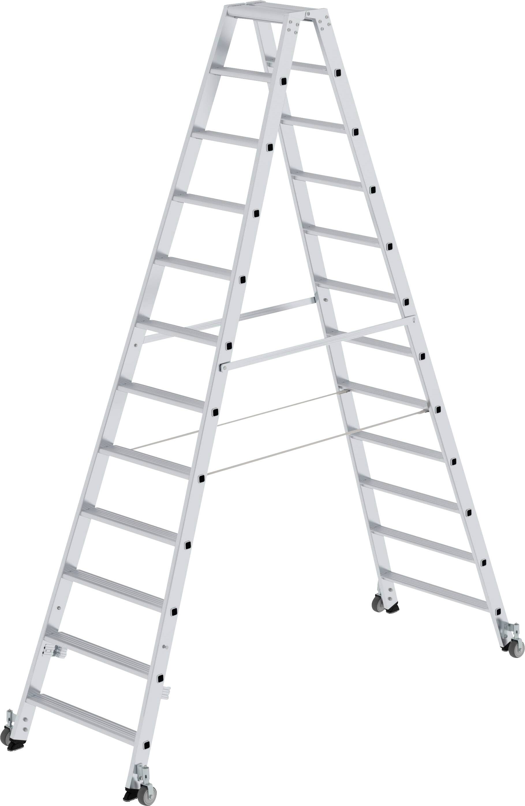 Eine weiße Trittleiter mit mehreren Stufen und Sicherheitsstreben, geeignet für Arbeiten in der Höhe.