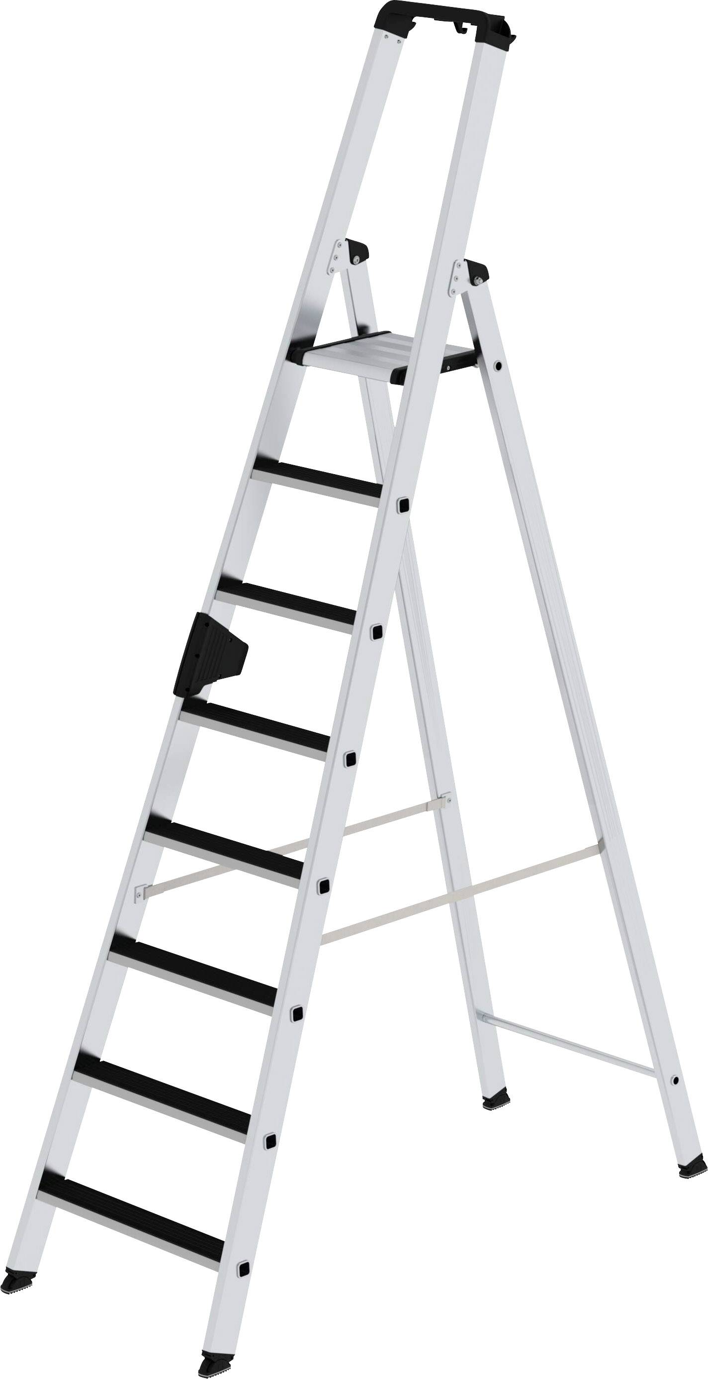 Eine weiße Klappleiter mit acht Stufen, die stabil steht und für den Innenbereich geeignet ist.