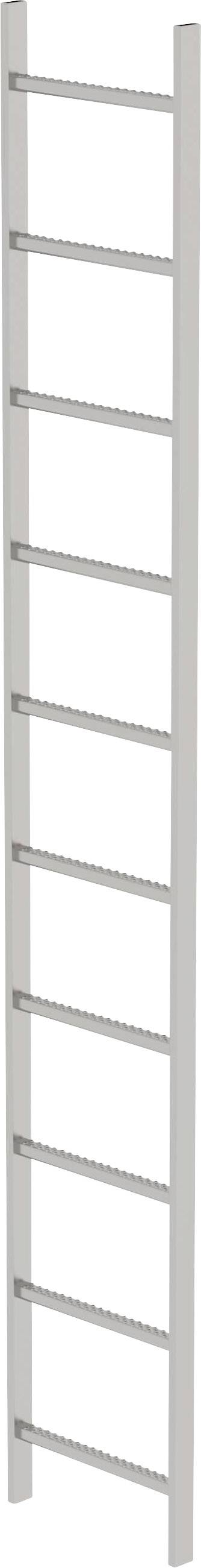 Weiße Holzleiter mit neun Sprossen, aufrecht stehend.