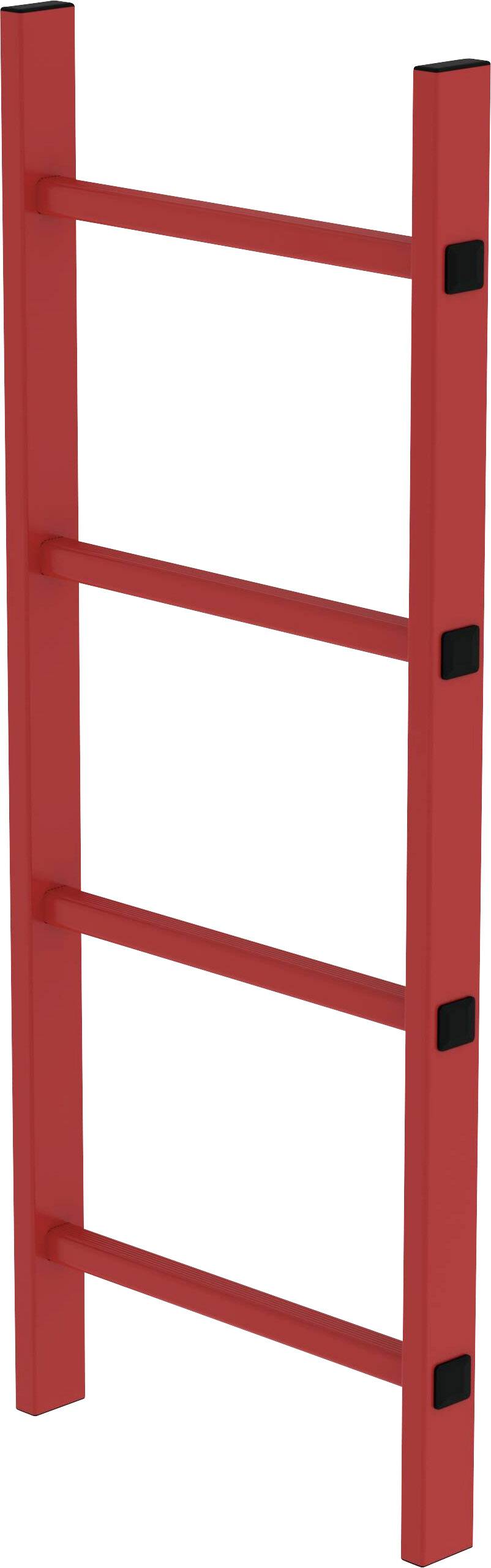 Rote Leiter mit vier Sprossen, aufrecht stehend.