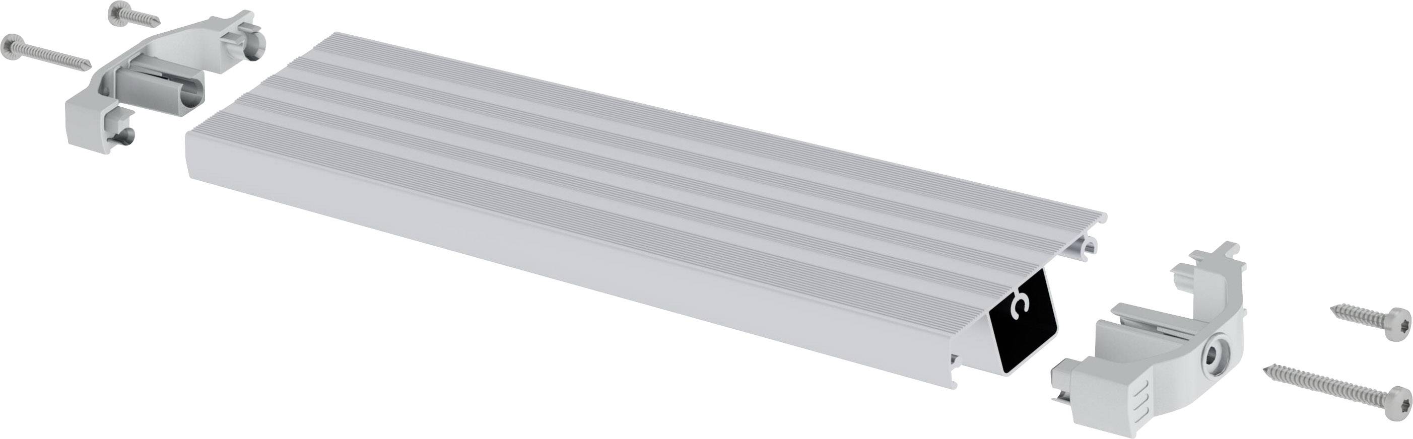 Elektrische Anschlussklemme: Zerlegte Ansicht mit Hauptteil, Kabelhalterung, Schrauben und Abdeckplatte, alle in Metalloptik.