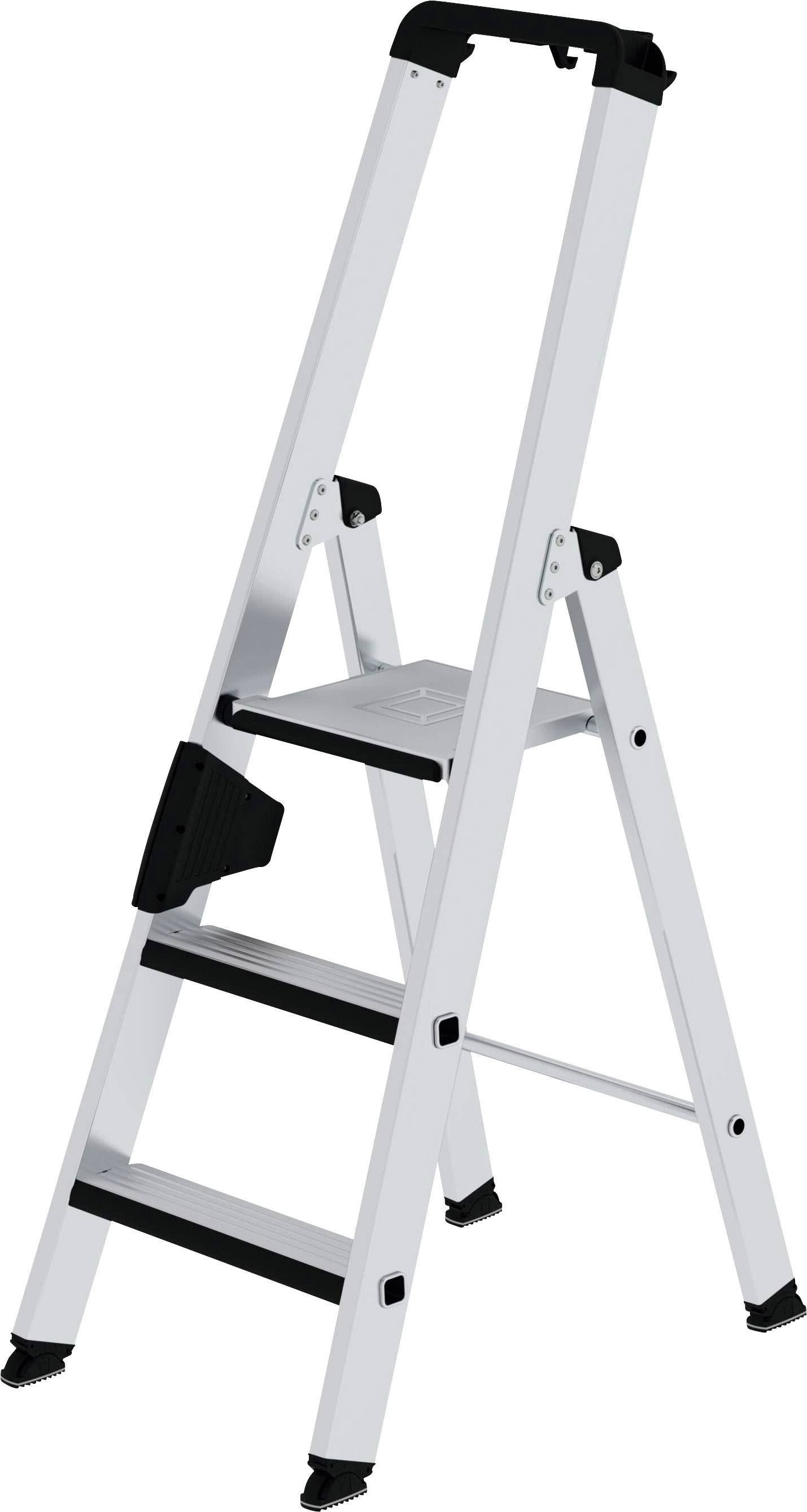 Eine weiße Klappleiter mit drei Stufen, geeignet für den Innengebrauch. Sie hat schwarze rutschfeste Kappen an den Füßen.