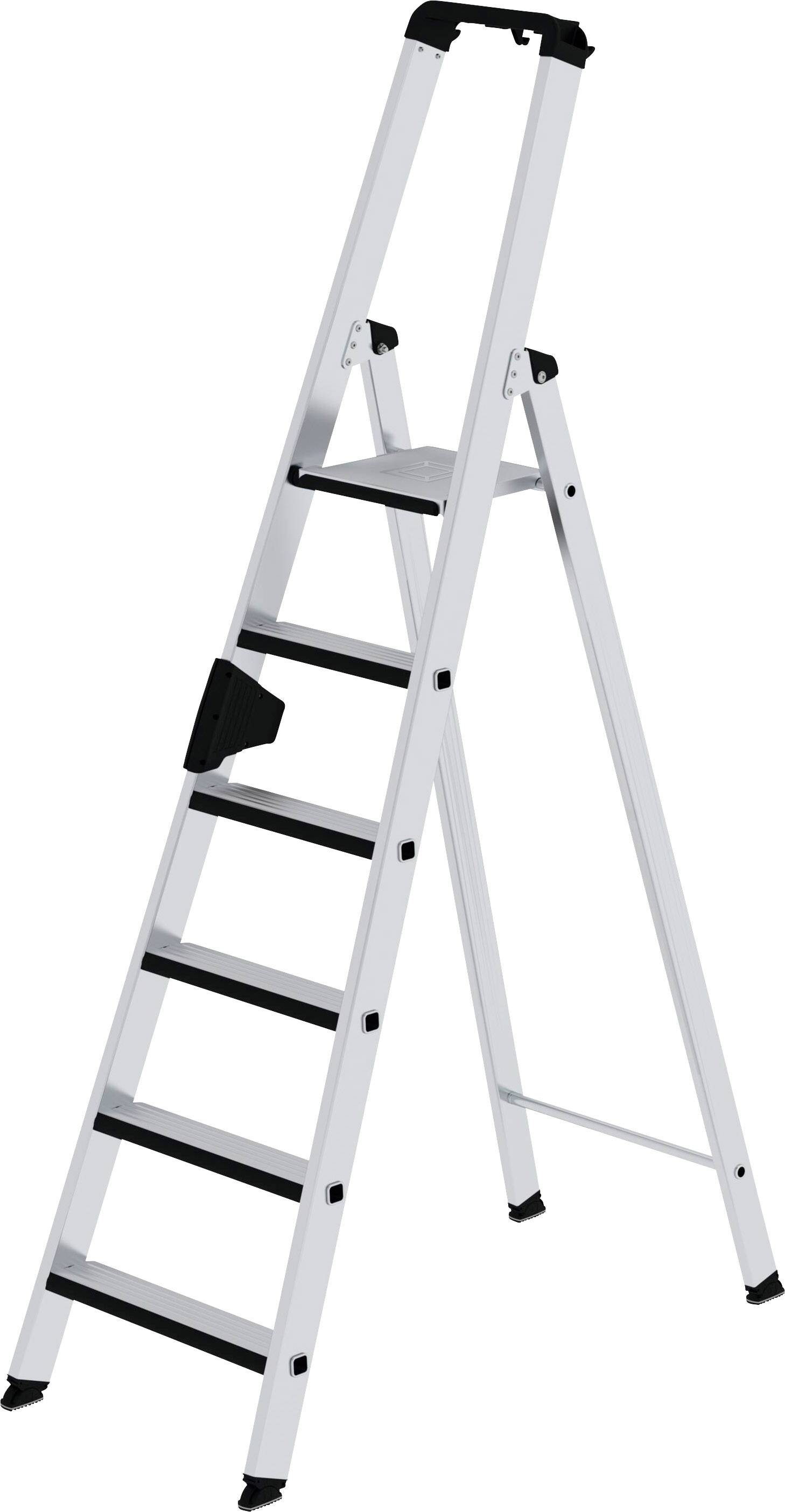 Eine silberne Klappleiter mit sechs Stufen, die frei steht, ideal für den Innengebrauch.