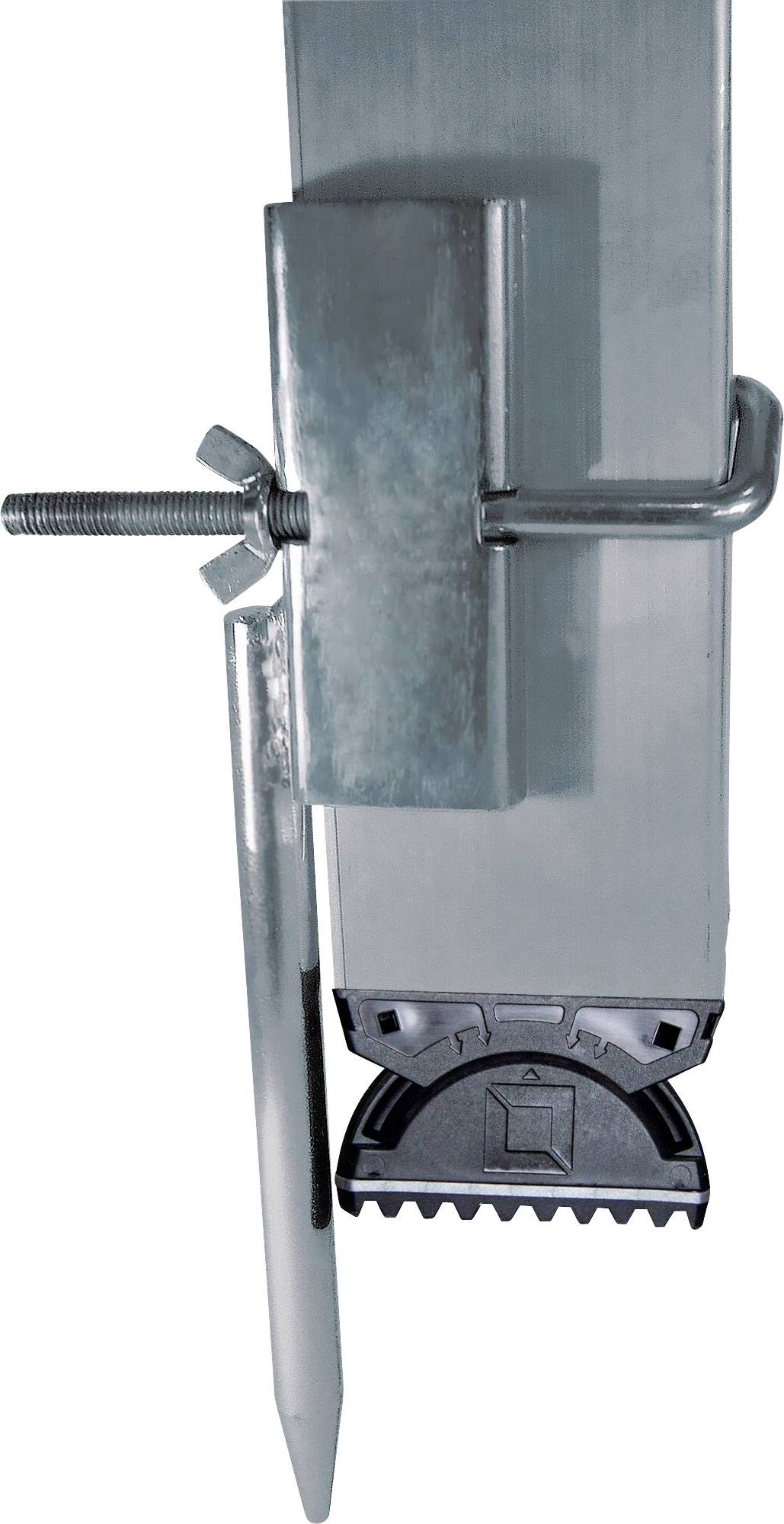 Metallklammer mit Flügelmutter an vertikaler Metallstange befestigt. Unten ein gezacktes Element, vermutlich zur Stabilisierung.