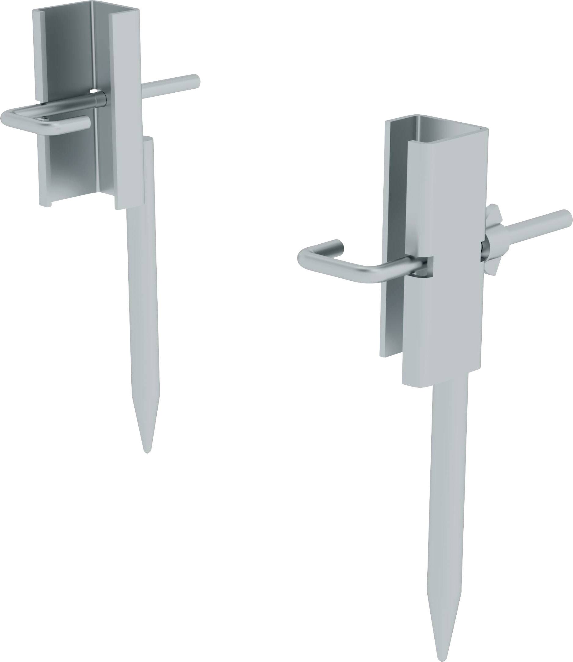 Zwei silberne Bodenanker mit einer Stange und einem Haken, die zur Befestigung von Strukturen im Boden verwendet werden.