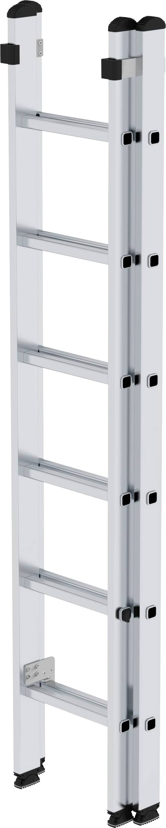 Silberne Aluminium-Steckleiter mit fünf Sprossen, zusammengeklappt, für einfache Lagerung.