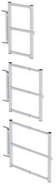 Drei silberne, verstellbare Metallgeländer zeigen verschiedene Höhen: klein, mittel und groß. Sie verdeutlichen eine Größenskala.