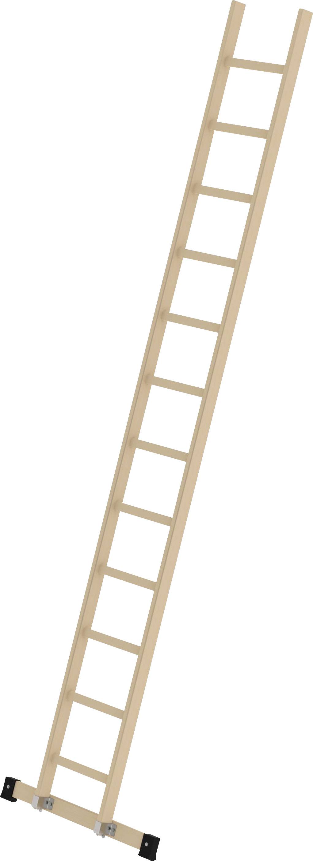 Holzleiter mit zwölf Sprossen, die an einer Wand lehnt; verwendet, um auf höhere Ebenen zuzugreifen oder etwas zu erreichen.