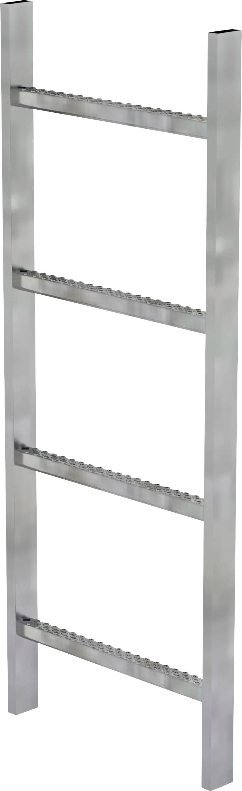 Silberne Metallleiter mit vier Sprossen, die schräg steht. Geeignet als praktisches Hilfsmittel oder dekoratives Element.