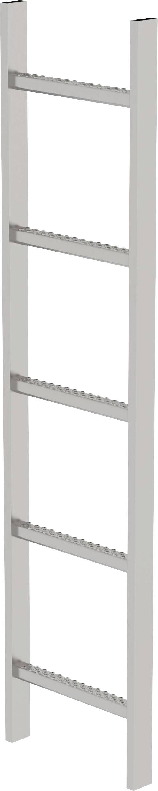 Ein einfaches, weißes, vertikales Regal mit fünf gleichmäßig verteilten Regalböden, geeignet für schmale Räume.