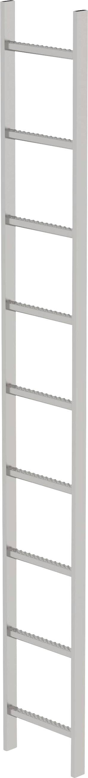 Einzelnes Holzregal mit acht horizontalen Ablagen, schmal und hoch, freistehend.