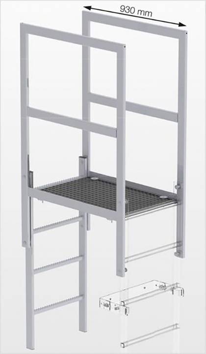 Ein Metallgestell mit Leiter zeigt eine Plattform in 930 mm Breite. Es könnte als Zugang oder Wartungsplattform dienen.