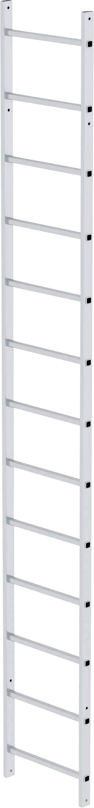 Vertikale weiße Leiter mit neun Sprossen, freistehend gegen einen weißen Hintergrund.