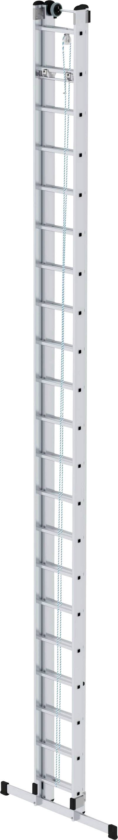 Weiße Aluminium-Anlegeleiter mit 16 Sprossen und rutschfesten Füßen, aufrecht stehend. Ideal für Arbeiten in großer Höhe.