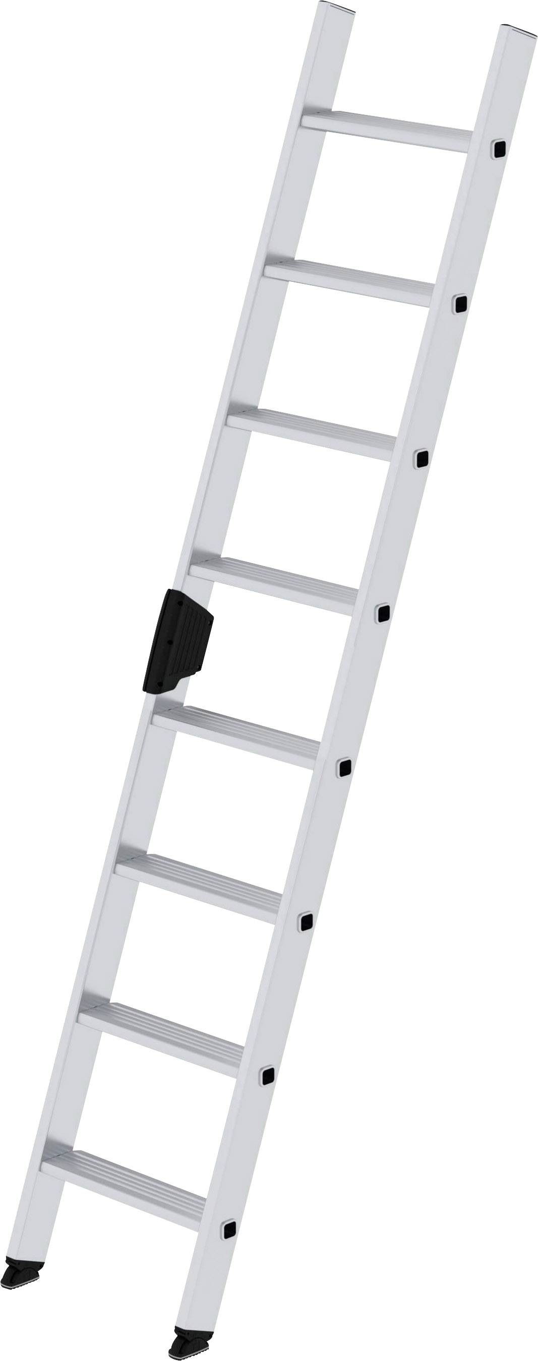 Eine silberne Aluminiumleiter mit acht Sprossen, die leicht angewinkelt steht, geeignet für den Innen- und Außeneinsatz.