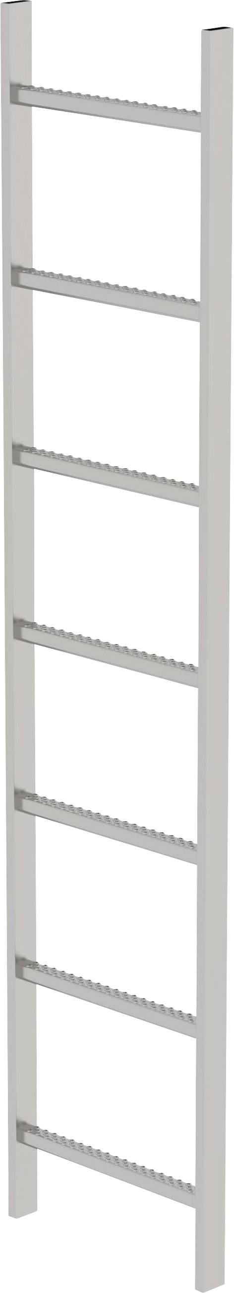 Eine graue Leiter mit sieben Sprossen, die aufrecht steht.