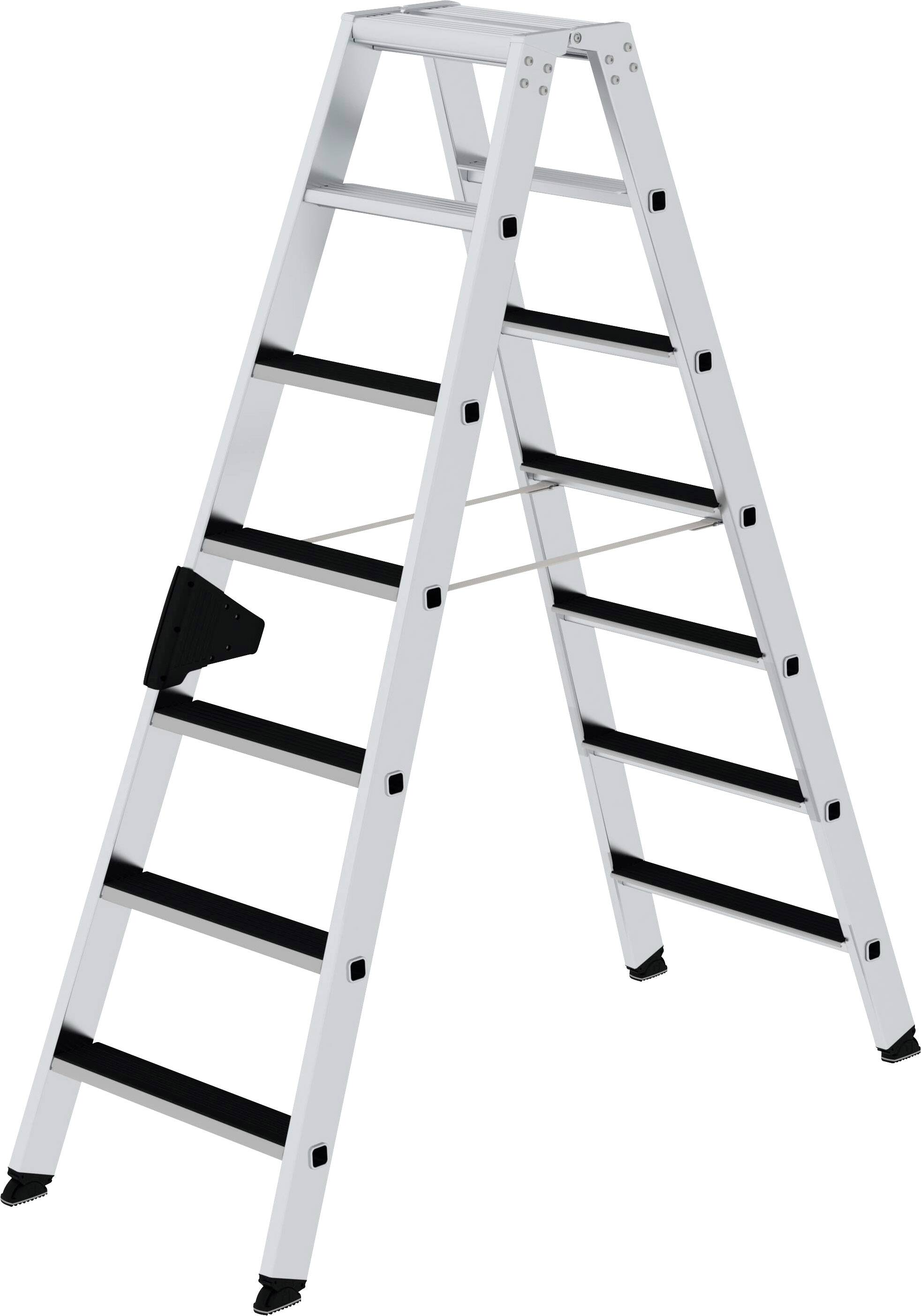 Eine aufgestellte Aluleiter mit acht Stufen und einem stabilen Stand. Ideal für den Einsatz bei handwerklichen Arbeiten in Innenräumen.