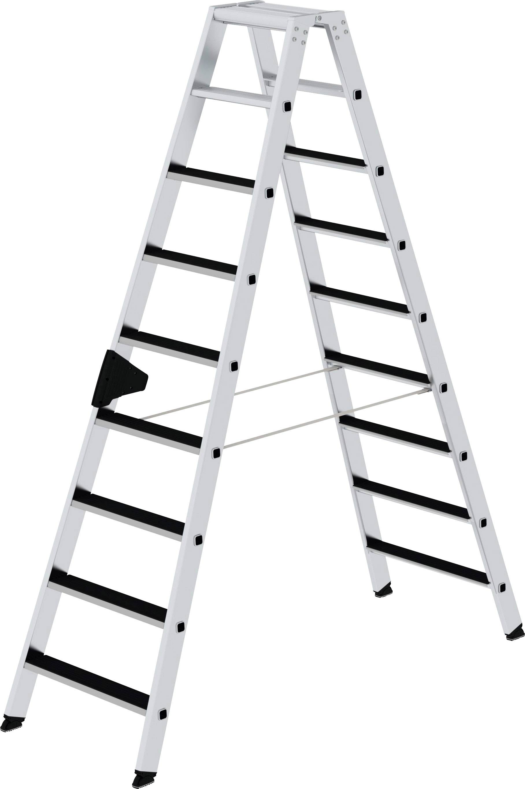 Eine klassische weiße Doppelleiter mit schwarzen Stufen aus Aluminium, offenstehend vor einem neutralen Hintergrund.