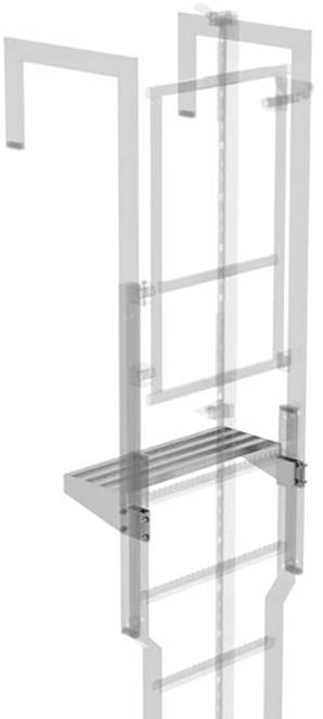 Schematische Darstellung eines Metallregals mit verstellbaren Stangen und einem horizontalen Regalbrett in der Mitte.