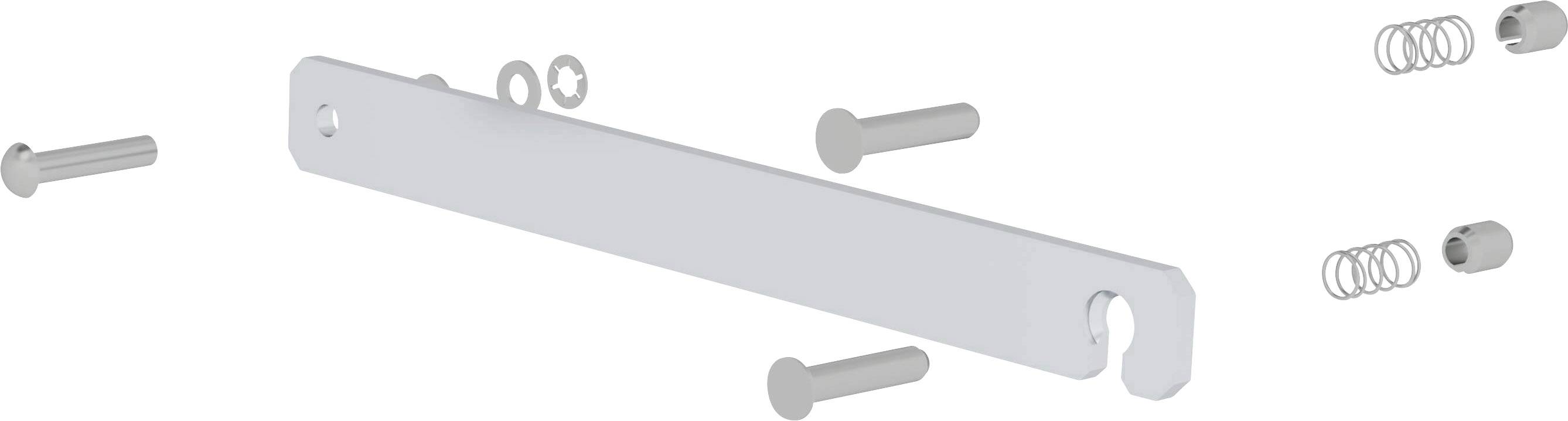 Metallstange mit Loch und Aussparung, umgeben von verschiedenen Schrauben, Muttern und Federn. Komponenten für Montagezwecke.