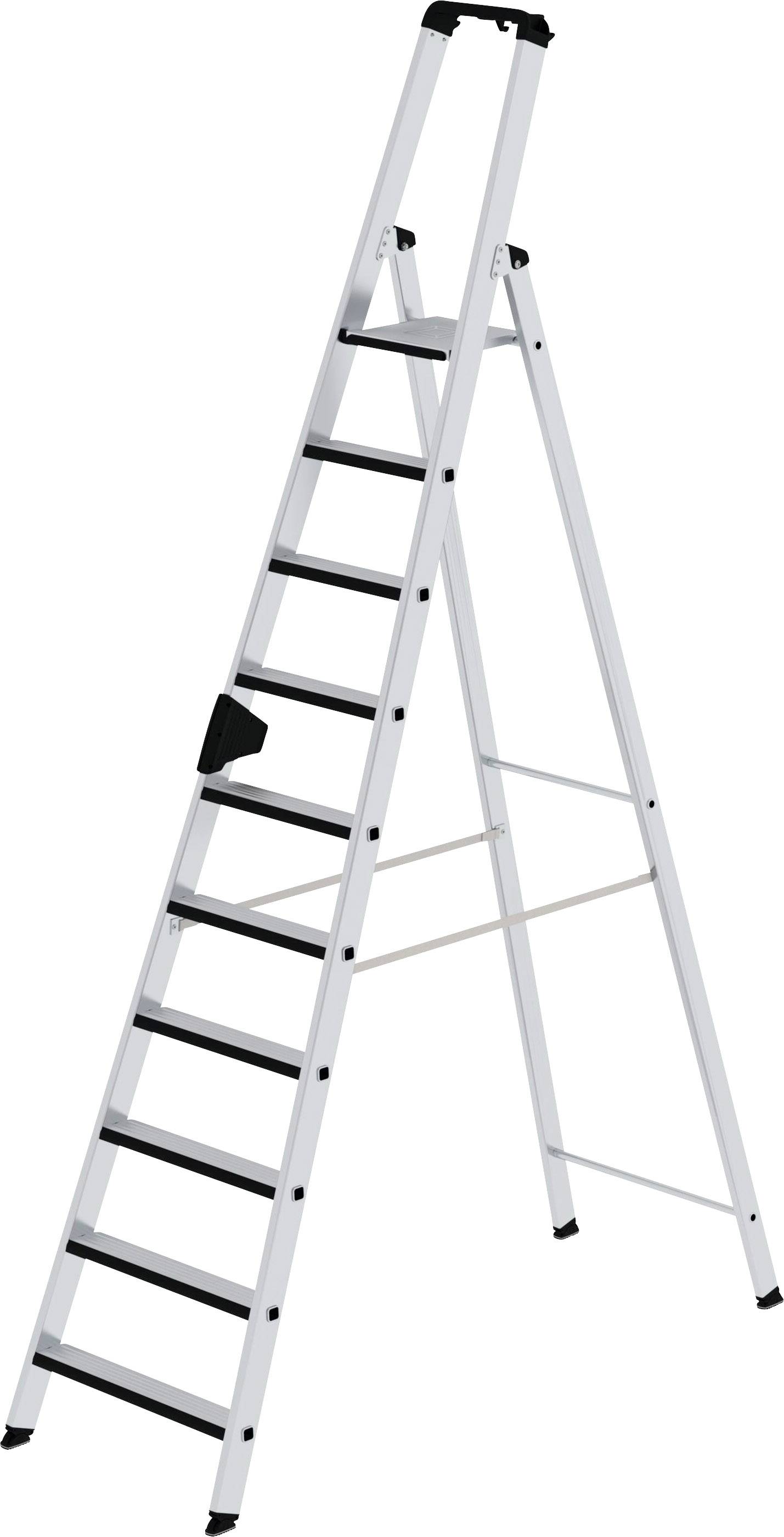 Weiße Stehleiter mit neun Stufen, geeignet für Arbeiten in der Höhe. Robuste Konstruktion mit rutschfesten Stufen.