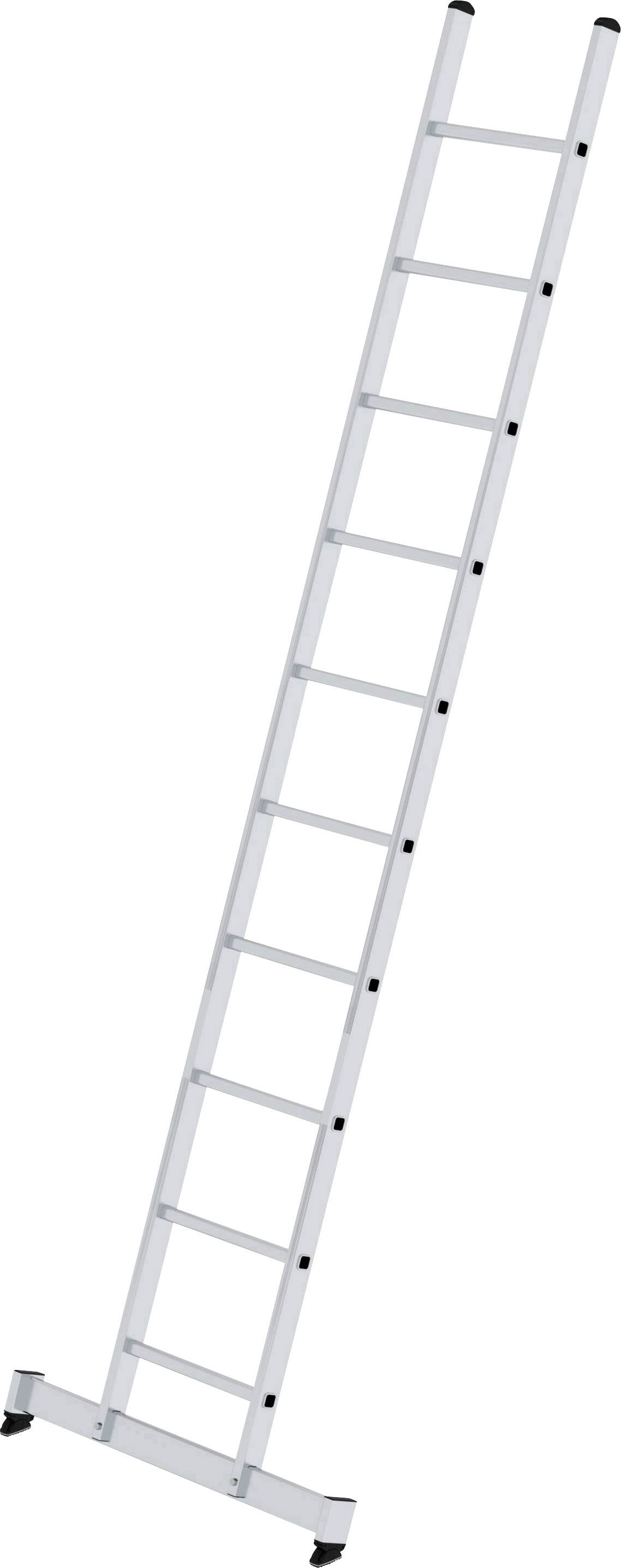 Weiße Anlegeleiter, steil aufgestellt, mit zehn Sprossen. Verwendet für sicheren Aufstieg an hohen Stellen.