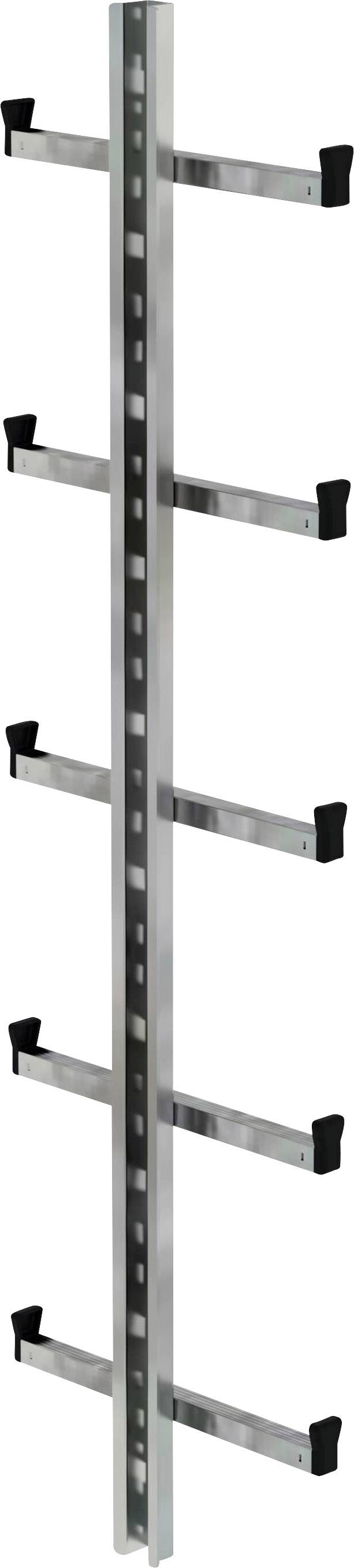 Metallschiene mit sechs horizontalen Halterungen zur Wandmontage, geeignet für die Aufbewahrung von Langgut oder Rohren.