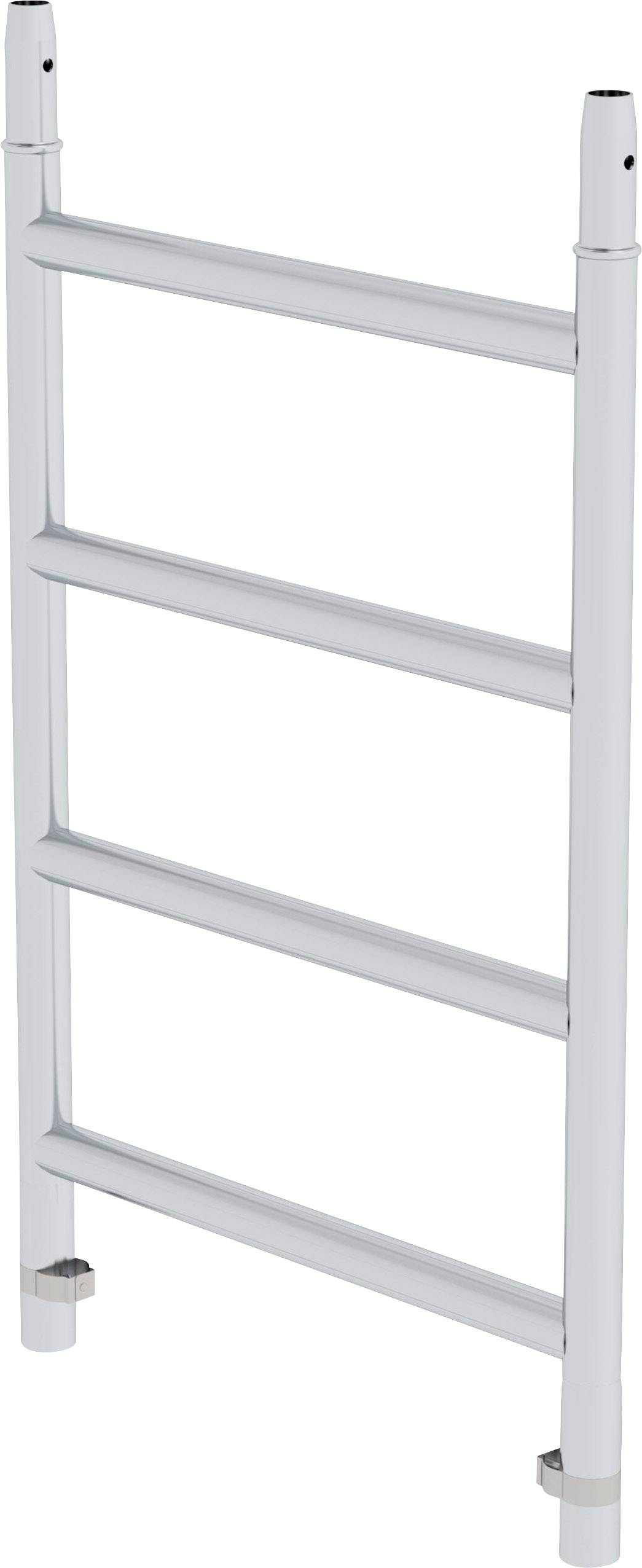 Metallhandtuchhalter mit vier horizontalen Stangen. Freistehend, geeignet zur Nutzung im Badezimmer zur effizienten Handtuchtrocknung.